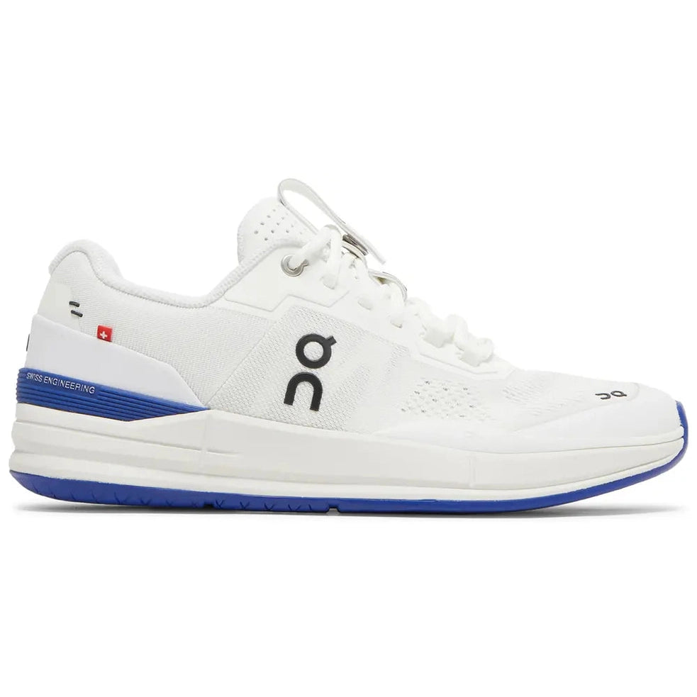 White and blue low-top designer sneaker with mesh details and On logo, side profile
