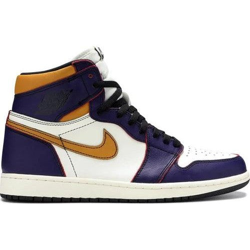 High-top sneaker with white, purple, and gold panels, black laces, and retro basketball style.