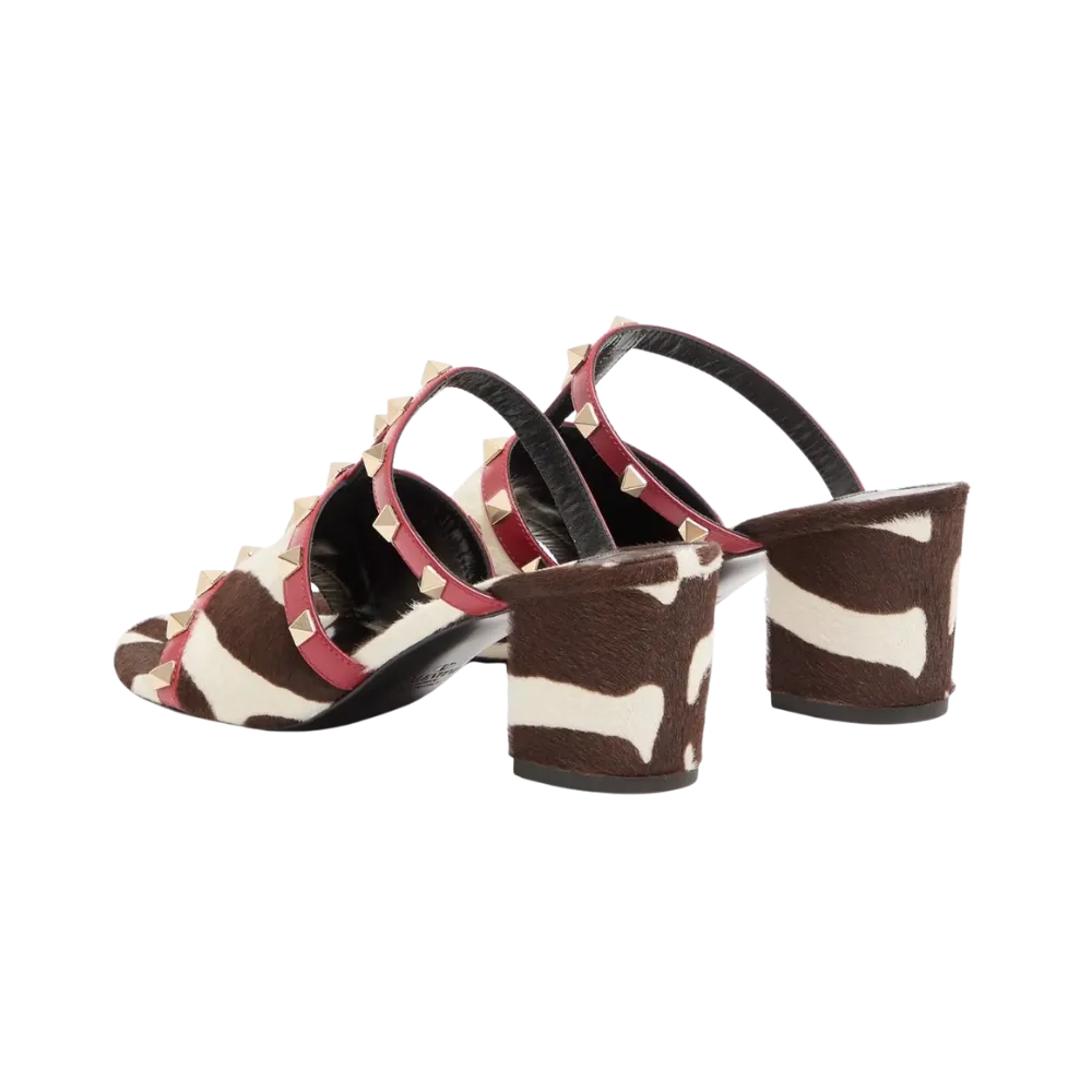 Valentino Rockstud Slide Sandal In Pony-Effect Calfskin 60mm Marrone
