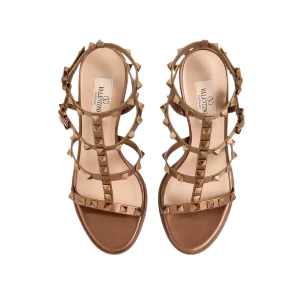 Valentino Rockstud Metallic Calfskin Ankle Strap Sandal 90mm Bronze