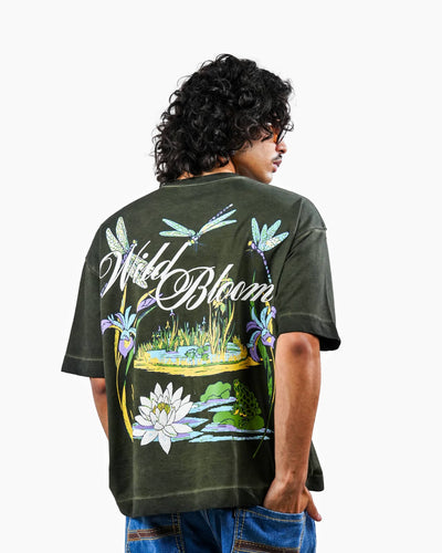 Wild Bloom Tee - Olive Washed Oversized T-shirt