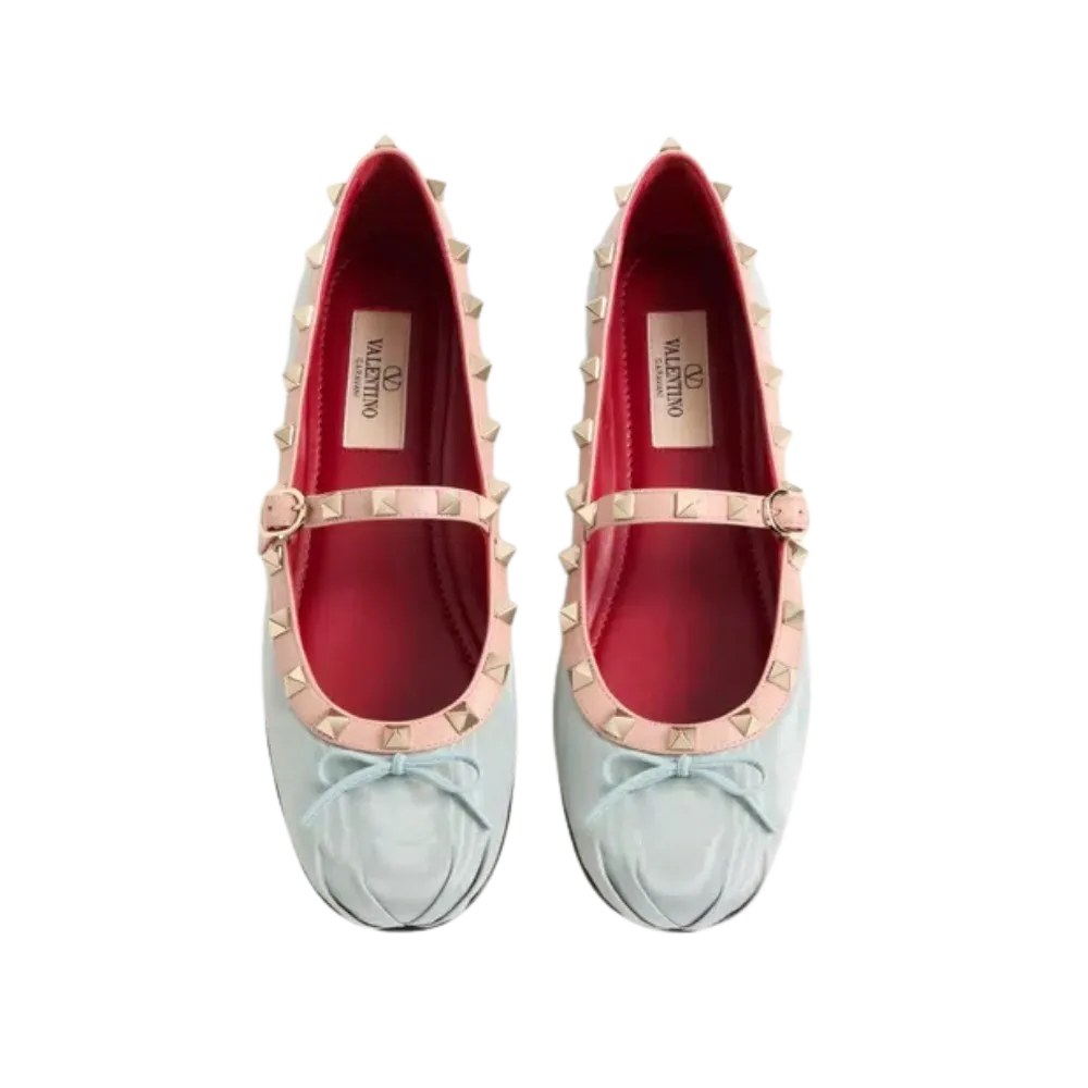 Valentino Mary-Jane Rockstud Ballerina In Moire Fabric 05mm Azure
