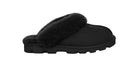 Black slipper with fluffy interior on a white background