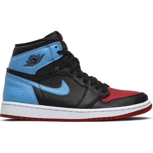 High-top sneaker with black, blue, and red leather panels, white midsole, red outsole