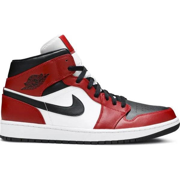 Red, white, and black mid-top sneaker with black swoosh and black laces, classic streetwear style