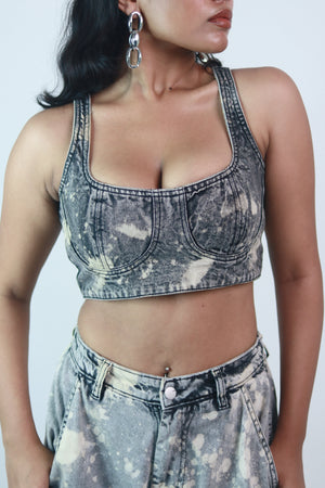 Grey Acid Wash Crop Top with Soft Cotton Fabric