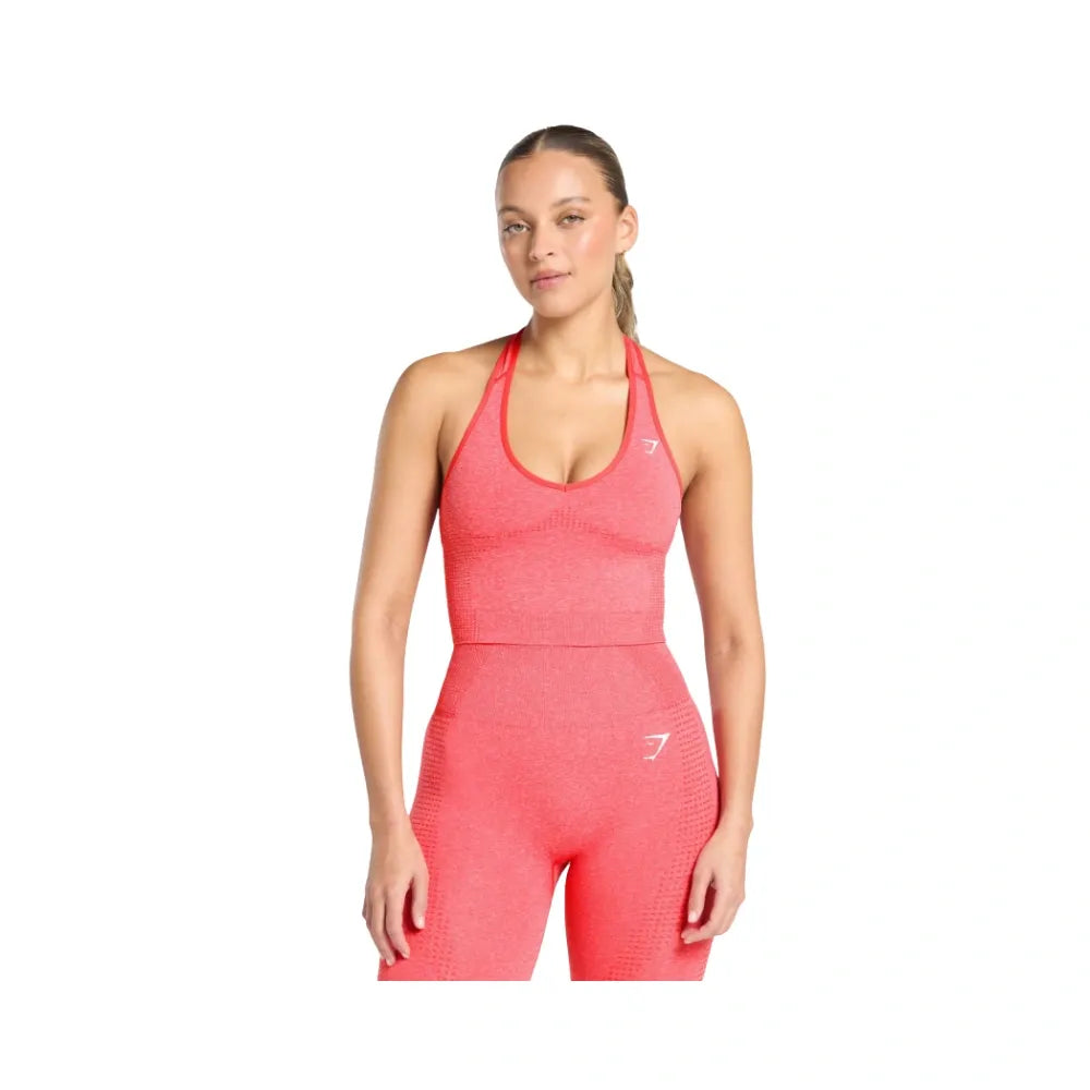 Gymshark Vital Halter Neck Tank With Shelf Crop Top Coral Red Marl