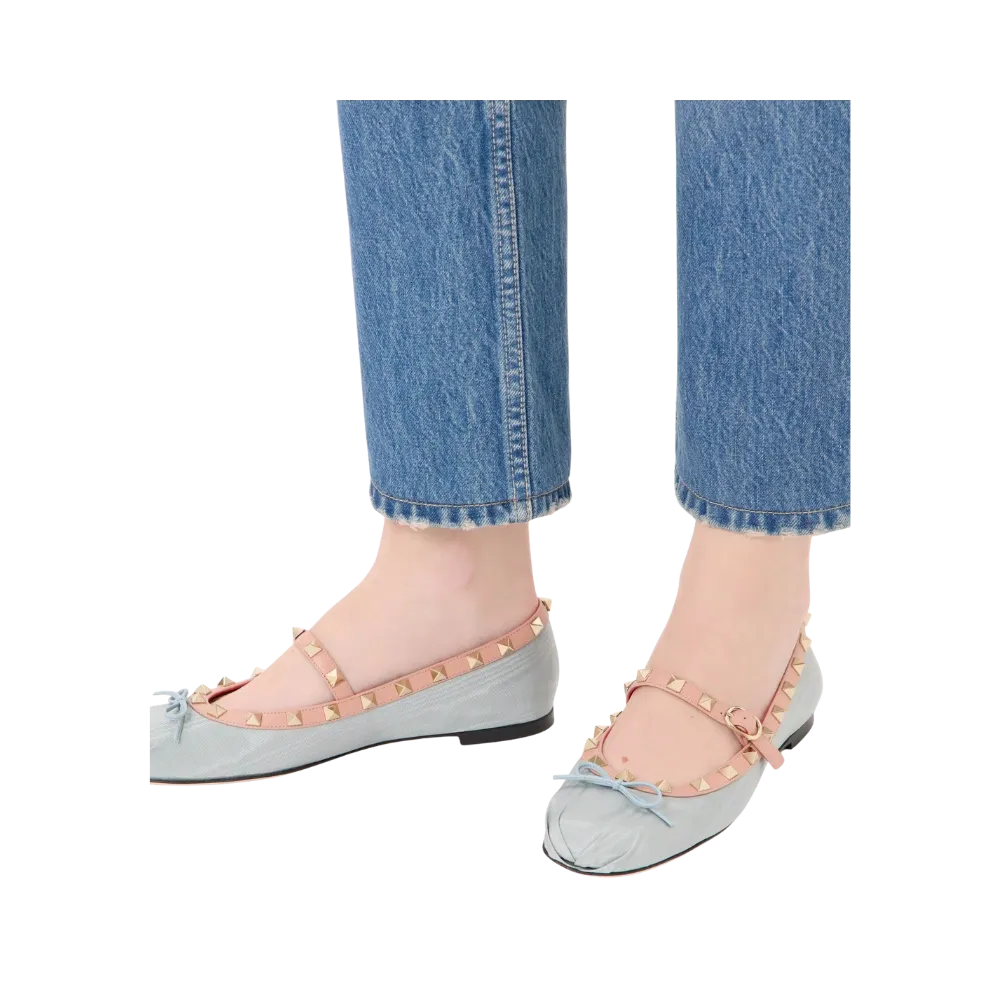 Valentino Mary-Jane Rockstud Ballerina In Moire Fabric 05mm Azure