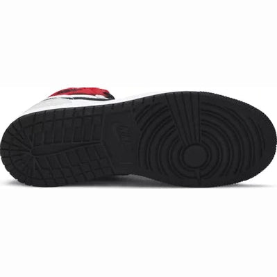 Black rubber outsole of a high-top streetwear sneaker with white and red accents