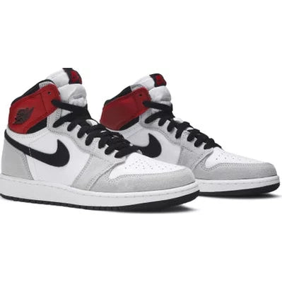 White, black, and red high-top sneakers with suede details, streetwear athletic style