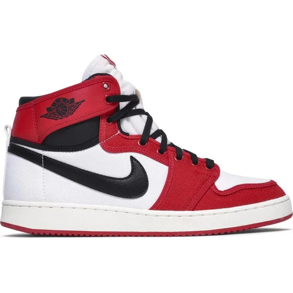High-top red, white, and black sneaker with black swoosh and wing logo, streetwear style