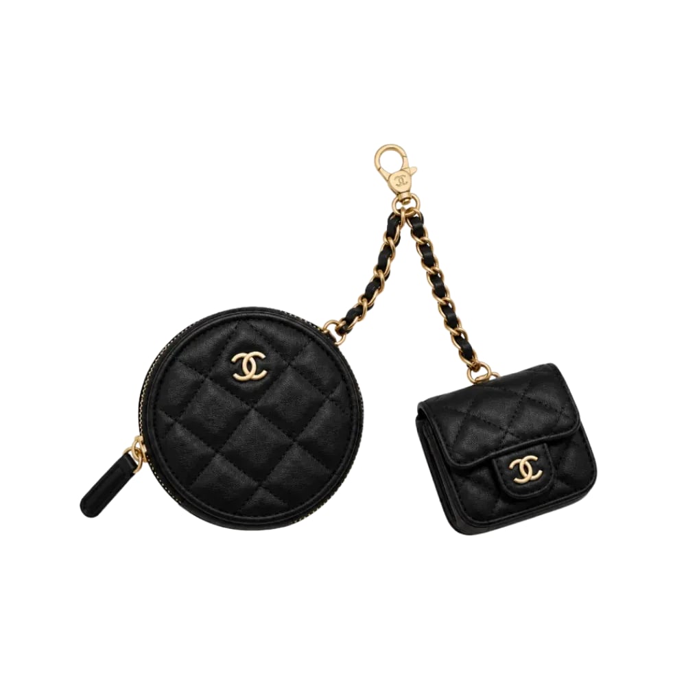 Chanel Black Quilted Leather Coin Purse And Airpods Holder Set
