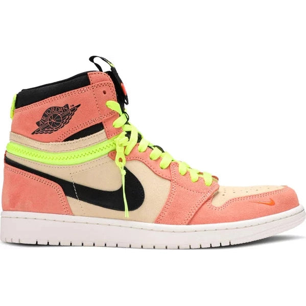High-top sneaker with coral suede, beige panels, neon yellow laces, and black details