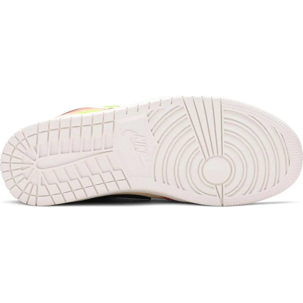 Close-up of Nike Air Jordan sneaker sole in white, showing traction pattern and logo