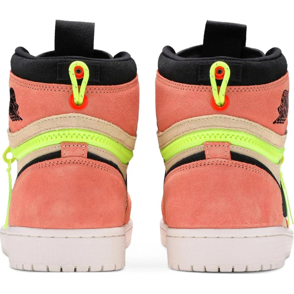 Rear view of peach suede high-top sneakers with neon yellow accents and white soles