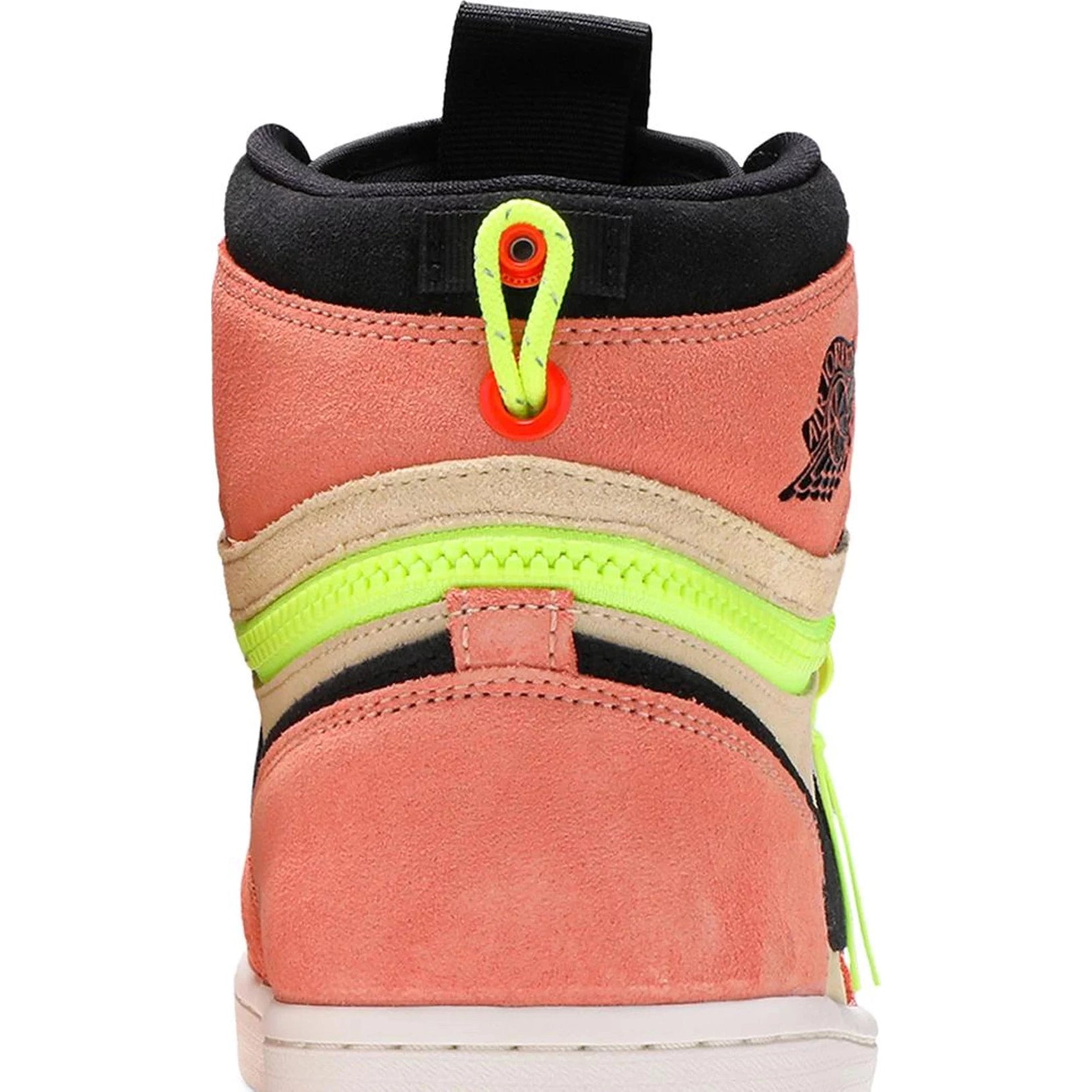 Back view of high-top streetwear sneaker in peach suede with neon yellow zipper and black accents