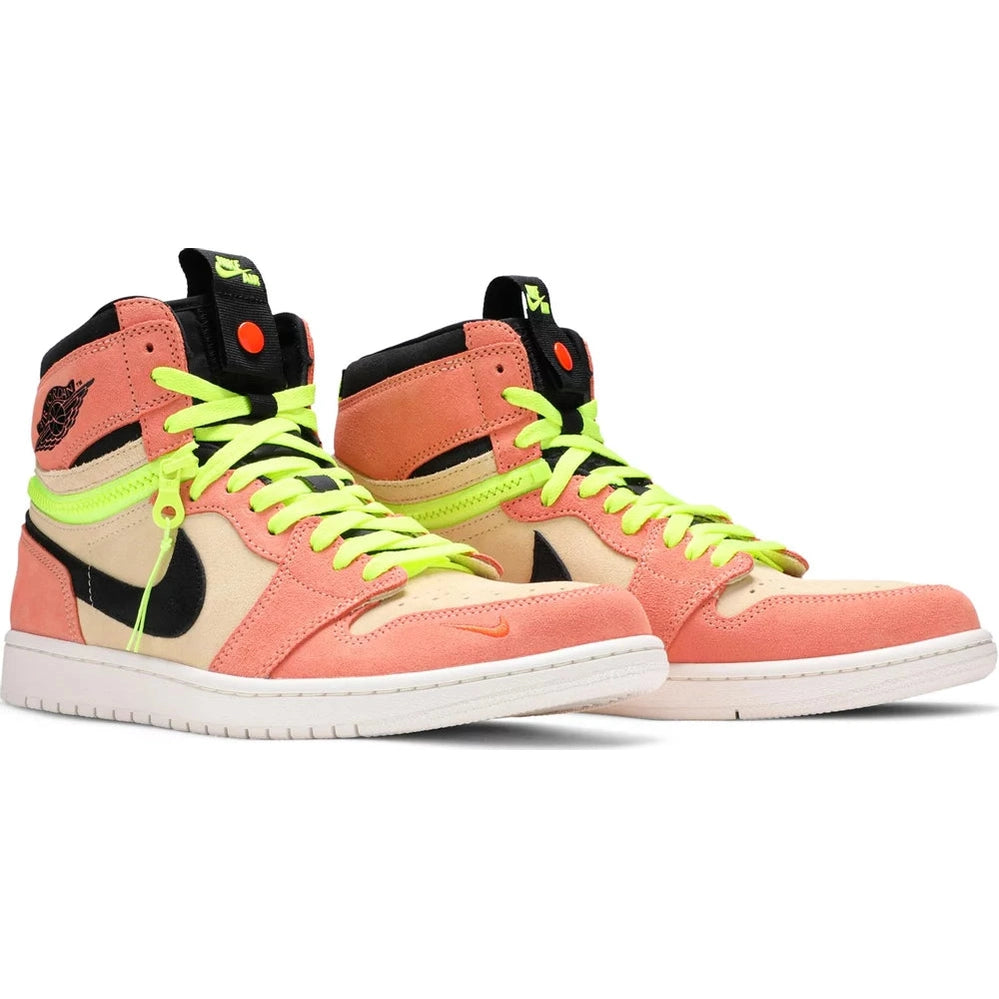 High-top sneakers with coral suede panels, neon yellow laces, black logos, and white sole