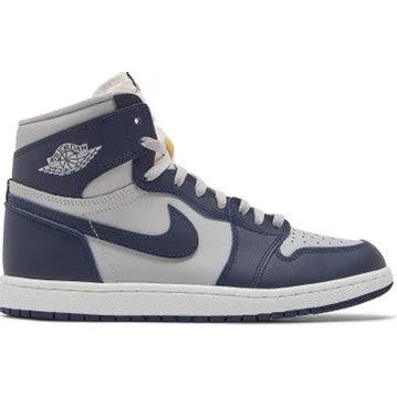 Navy blue and gray high-top sneaker with white sole and side logo, streetwear shoe