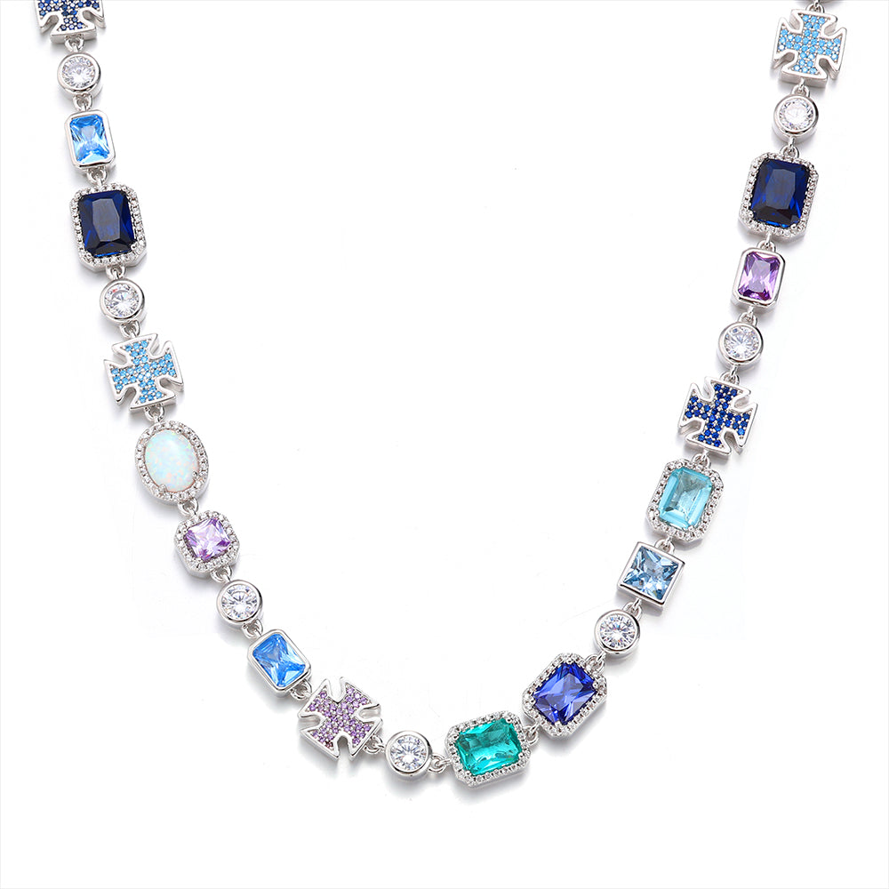 Blue Multi Gemstone Motif Chain In White Gold