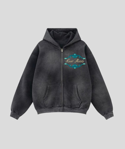 Acid-Wash Zip-Up Hoodie with Graphic Artwork