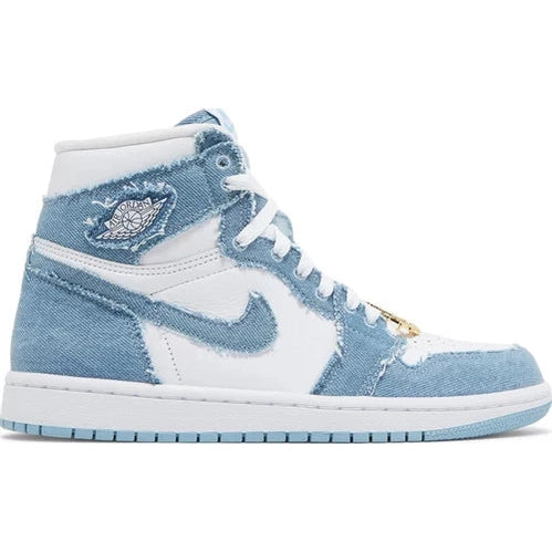 High-top sneaker with white leather base, light blue denim overlays, and signature side logo