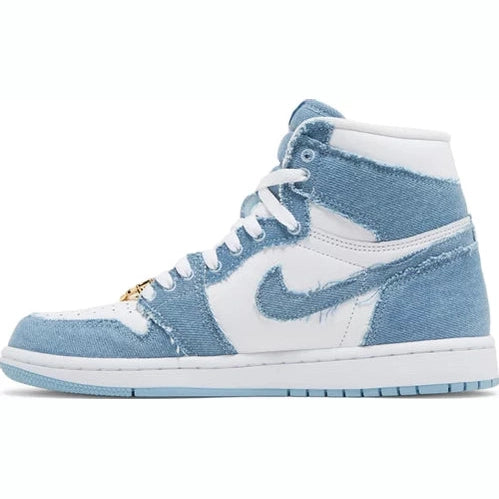 High-top sneaker with light blue denim and white panels, streetwear style