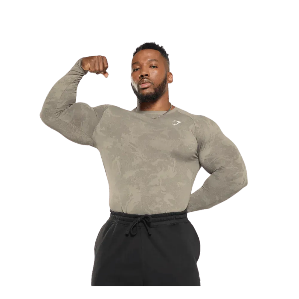 Gymshark Geo Seamless Long Sleeve T-Shirt Linen Brown