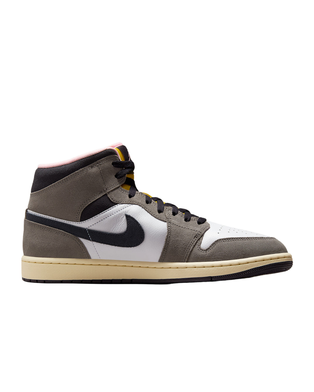 Gray high-top sneaker with black swoosh logo on a gray background