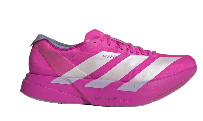 Pink Adidas sneaker with white stripes on a white background
