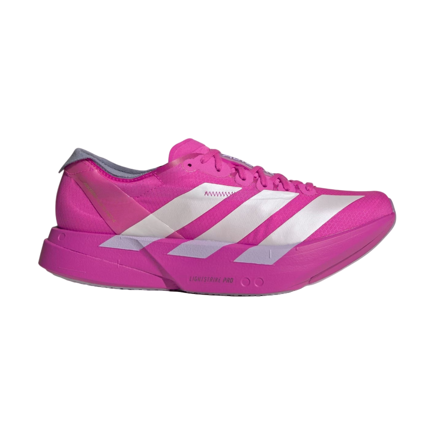 Pink Adidas sneaker with white stripes on a white background