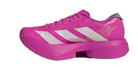 Pink Adidas shoe with white stripes on a white background