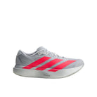 Gray Adidas running shoe with red stripes on a light gray background