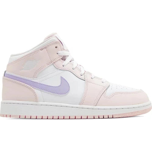 Pink and white Air Jordan 1 Mid sneaker with light purple Swoosh, classic streetwear shoe