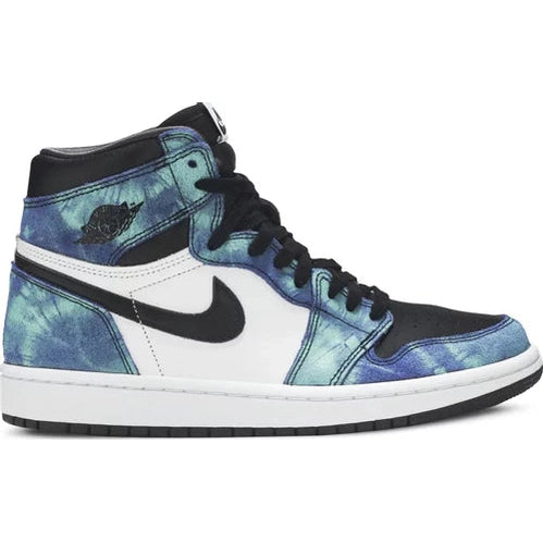 High-top sneaker with black, white, and blue tie-dye pattern, side view, streetwear style