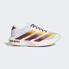 White running shoe with maroon and yellow accents on a light gray background
