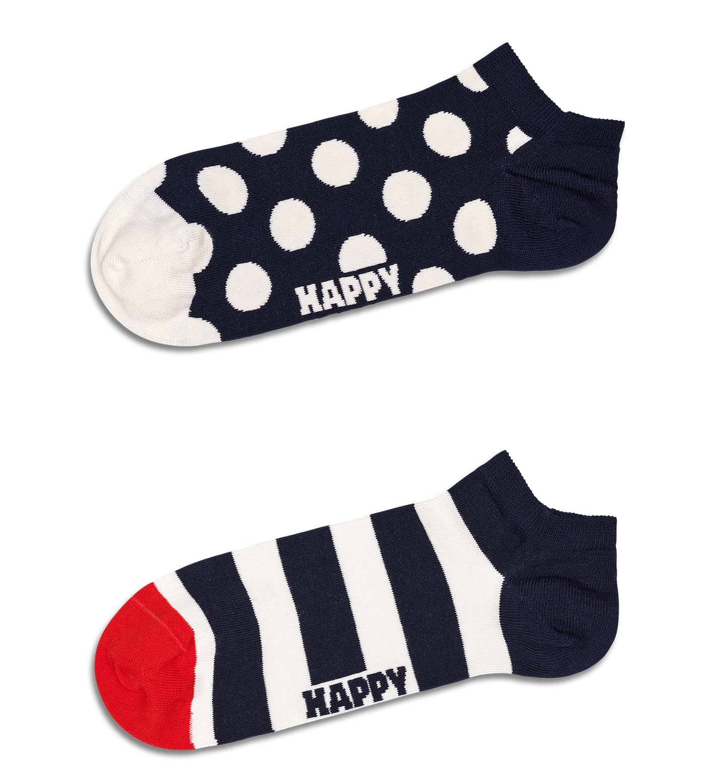 2-pack of ankle length socks featuring big dots and stripes, combining bold patterns for men and women with a colorful twist.
