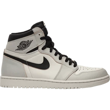 High-top white and grey sneaker with black swoosh and laces, streetwear style shoe