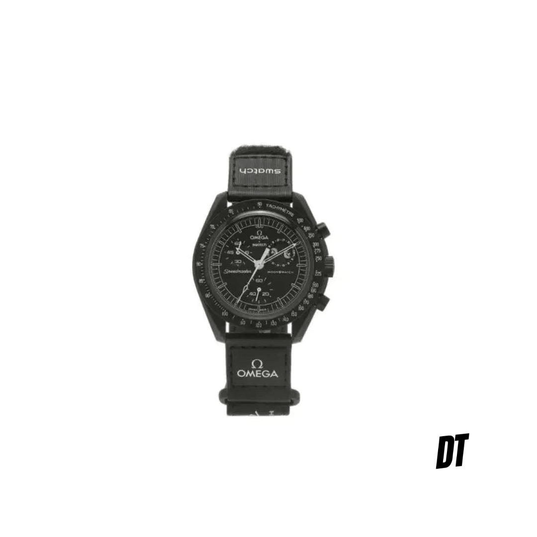 Black Omega x Swatch Speedmaster wristwatch with chronograph display on white background