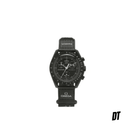 Black Omega x Swatch Speedmaster wristwatch with chronograph display on white background