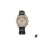 Omega Swatch Speedmaster beige dial luxury watch with black strap on white background
