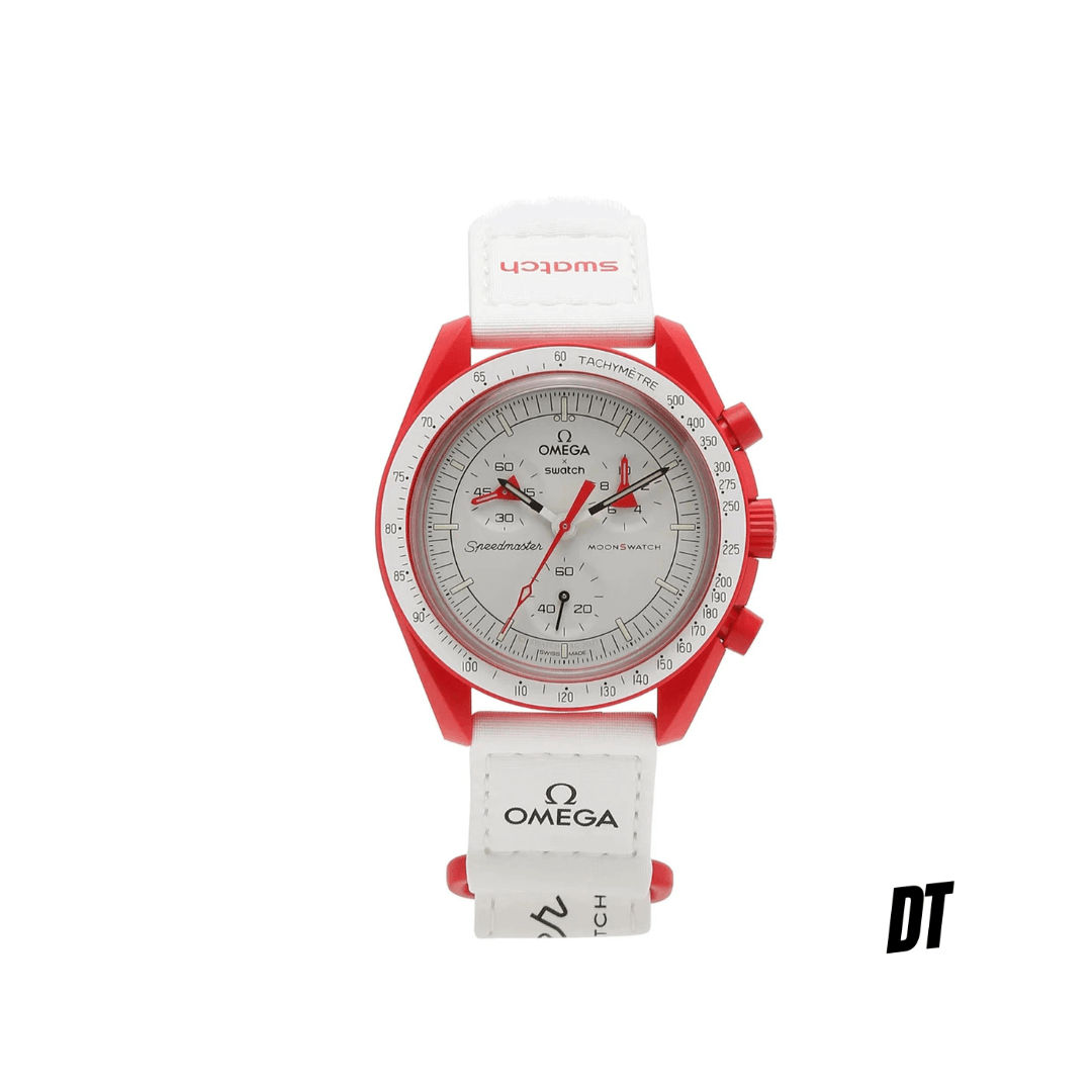 Red and white Omega x Swatch Speedmaster MoonSwatch wristwatch with white strap and chronograph dial