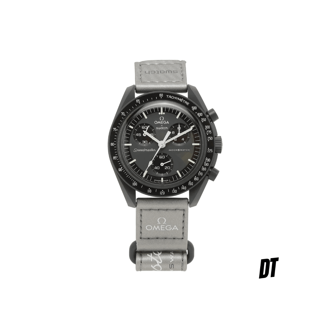 Omega x Swatch Speedmaster MoonSwatch with black dial and grey fabric strap on white background