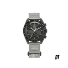 Omega x Swatch Speedmaster MoonSwatch with black dial and grey fabric strap on white background