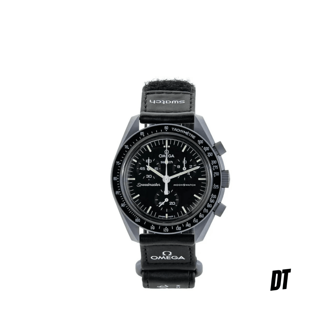 Black Omega x Swatch Speedmaster MoonSwatch chronograph watch with black strap on white background