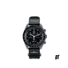 Black Omega x Swatch Speedmaster MoonSwatch chronograph watch with black strap on white background
