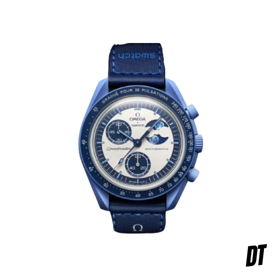 Blue Omega x Swatch Speedmaster MoonSwatch wristwatch with blue strap on white background
