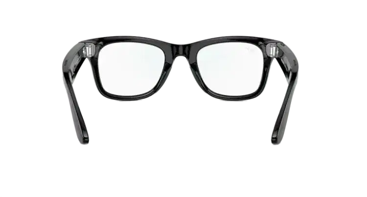 Black square-frame designer eyeglasses with clear lenses on a neutral background