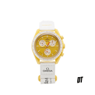 Yellow Omega Moonswatch Speedmaster chronograph watch with white strap on white background