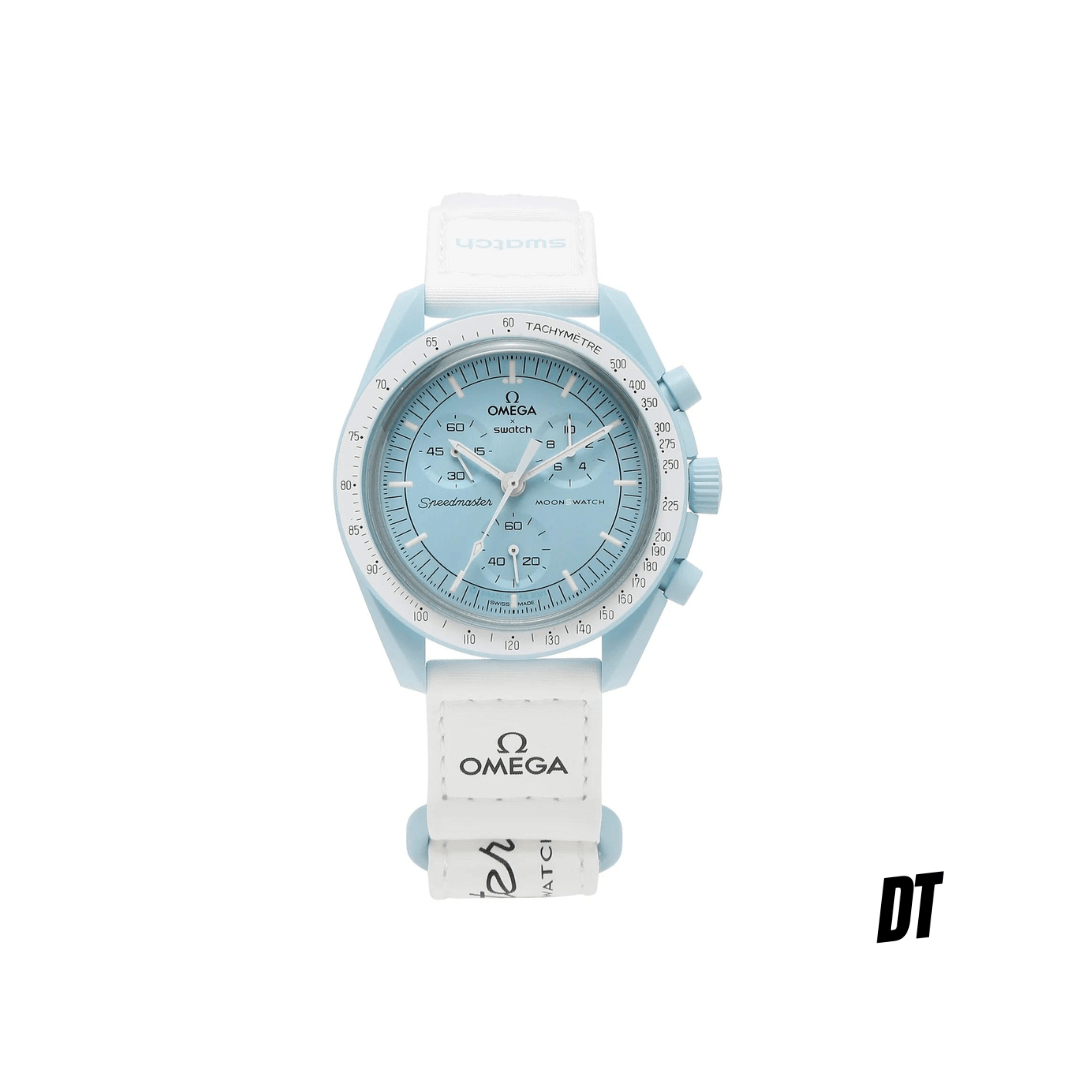 Light blue and white Omega x Swatch Speedmaster chronograph wristwatch on white background