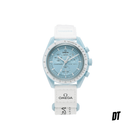 Light blue and white Omega x Swatch Speedmaster chronograph wristwatch on white background